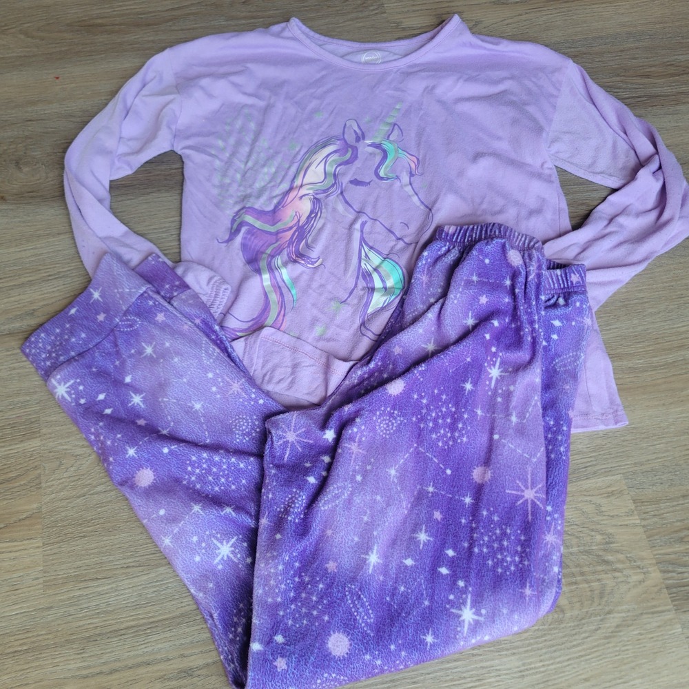 Wonder Nation Girls Pajama Set XL 14-16 Purple Unicorn Galaxy Fleece Sleepwear